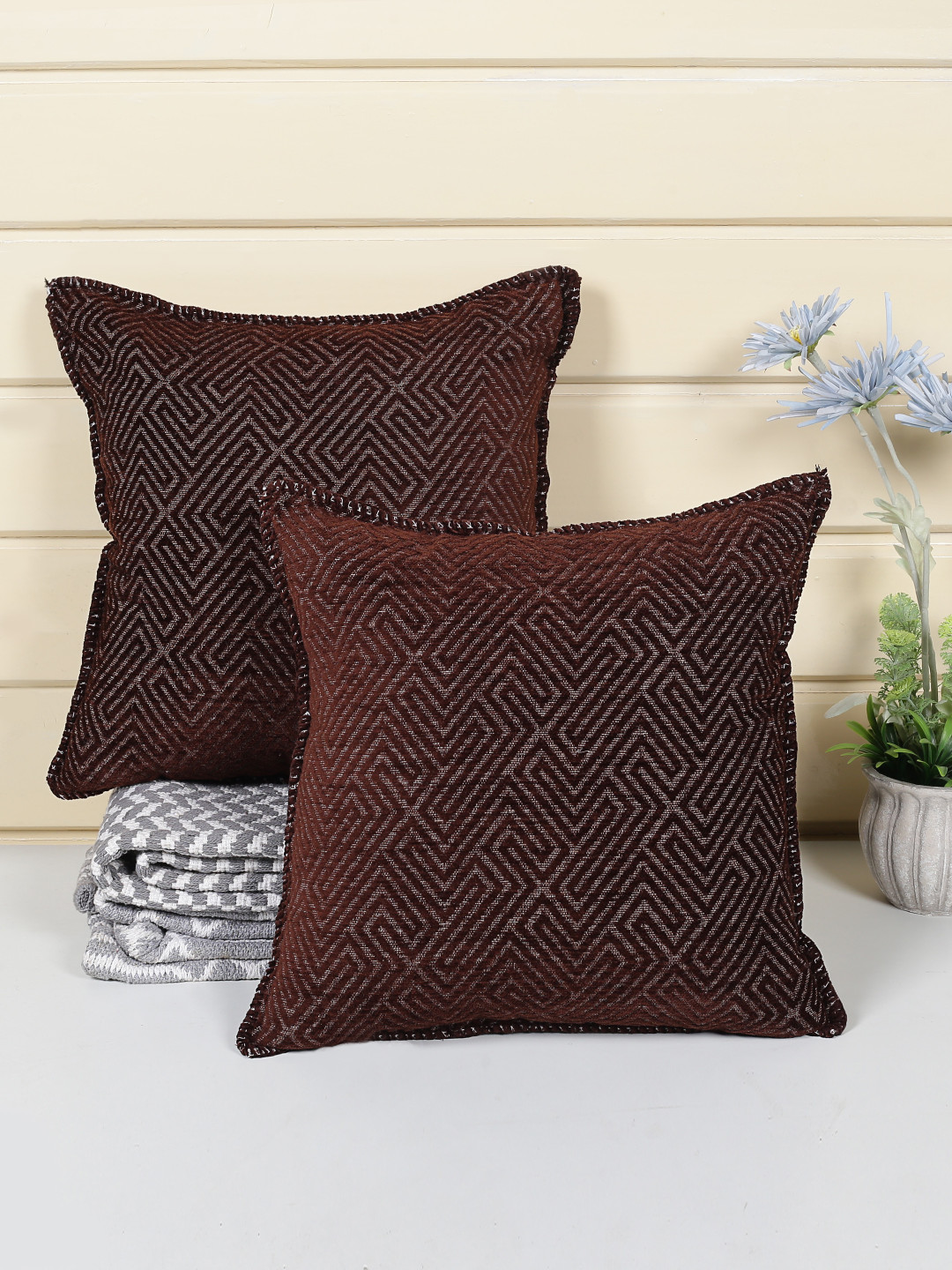 Saral Home Geometric Viscose Chenille Ultra Soft 2 Pcs Embroidered Cushion Covers -16x16In