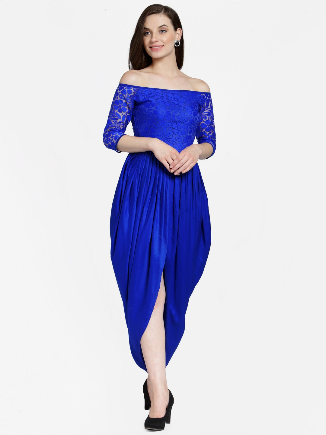 Cation Women Blue Solid Balloon Dress