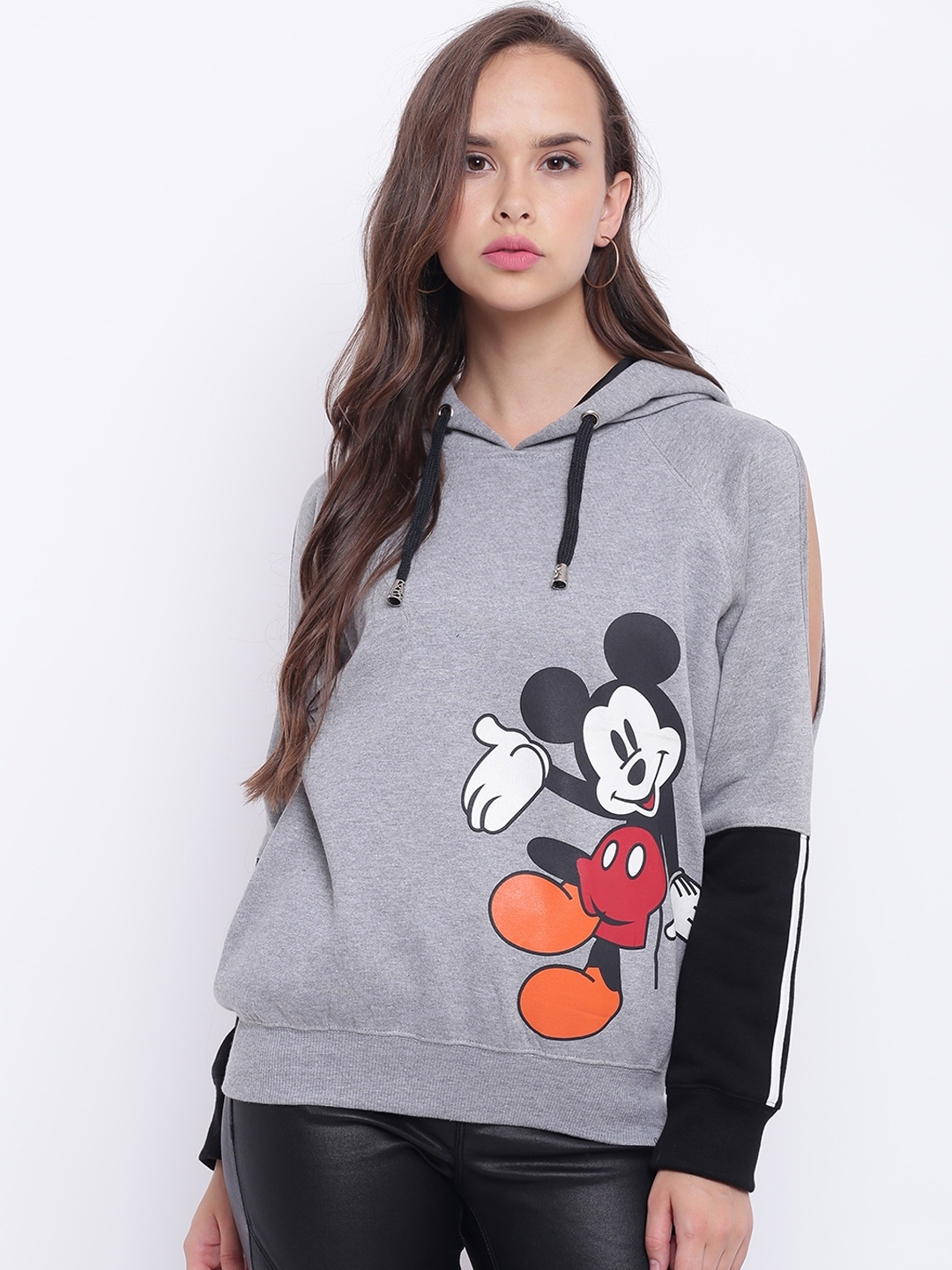 Texco Hooded Grey Mickey Mouse Printed Color block Women Sweatshirt
