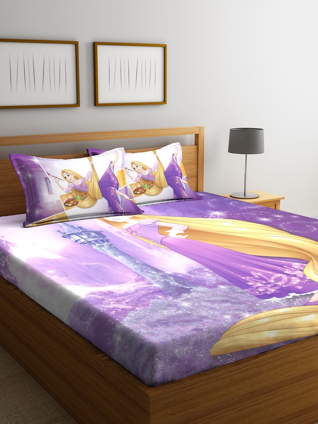 Spaces Lavender Yellow Rapunzel Print Flat 180 Tc Queen Spaces Lavender Yellow Rapunzel Print Flat 180 Tc Queen Bedsheet With 2 Pillow Covers