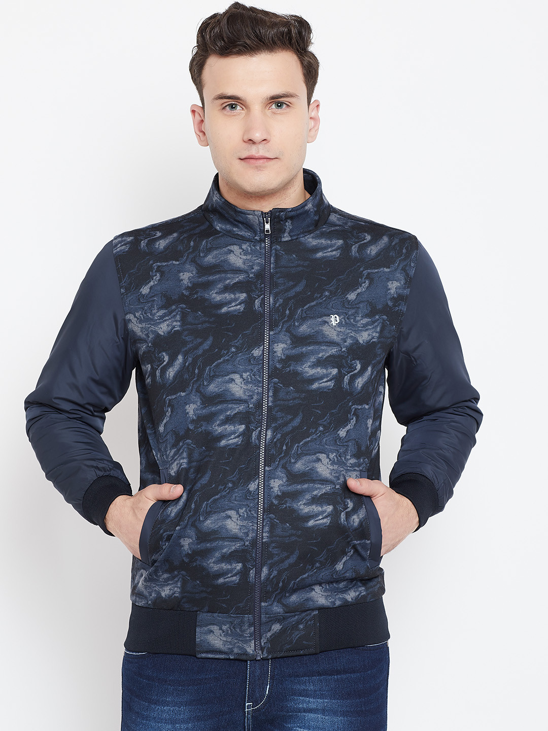 Pierre Carlo Men Navy Blue Printed Bomber