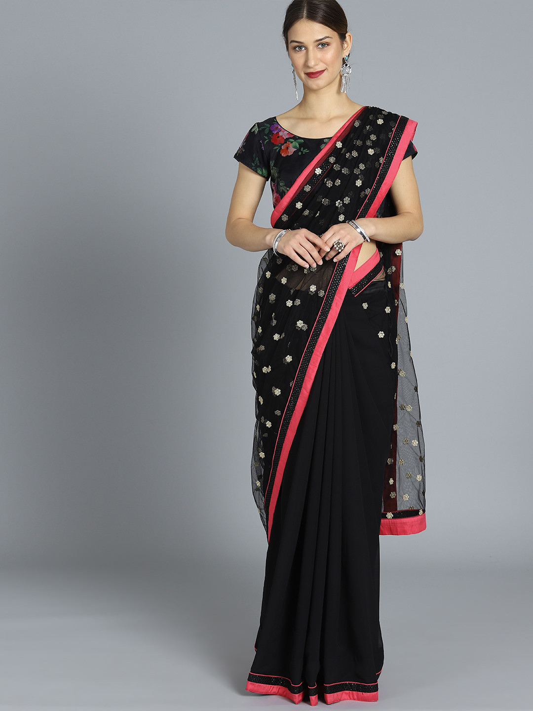 Ethnovog Black Half N Half Saree with Stitched Blouse