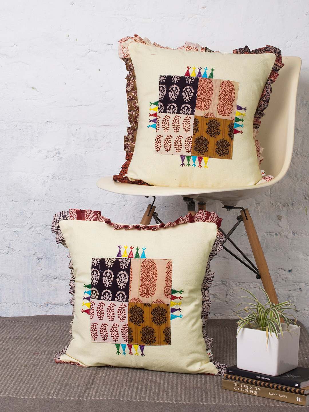 RANGDESI Cream Ethnic Motifs Cotton 2 Piece Patchwork Square Cushion Covers -16x16In