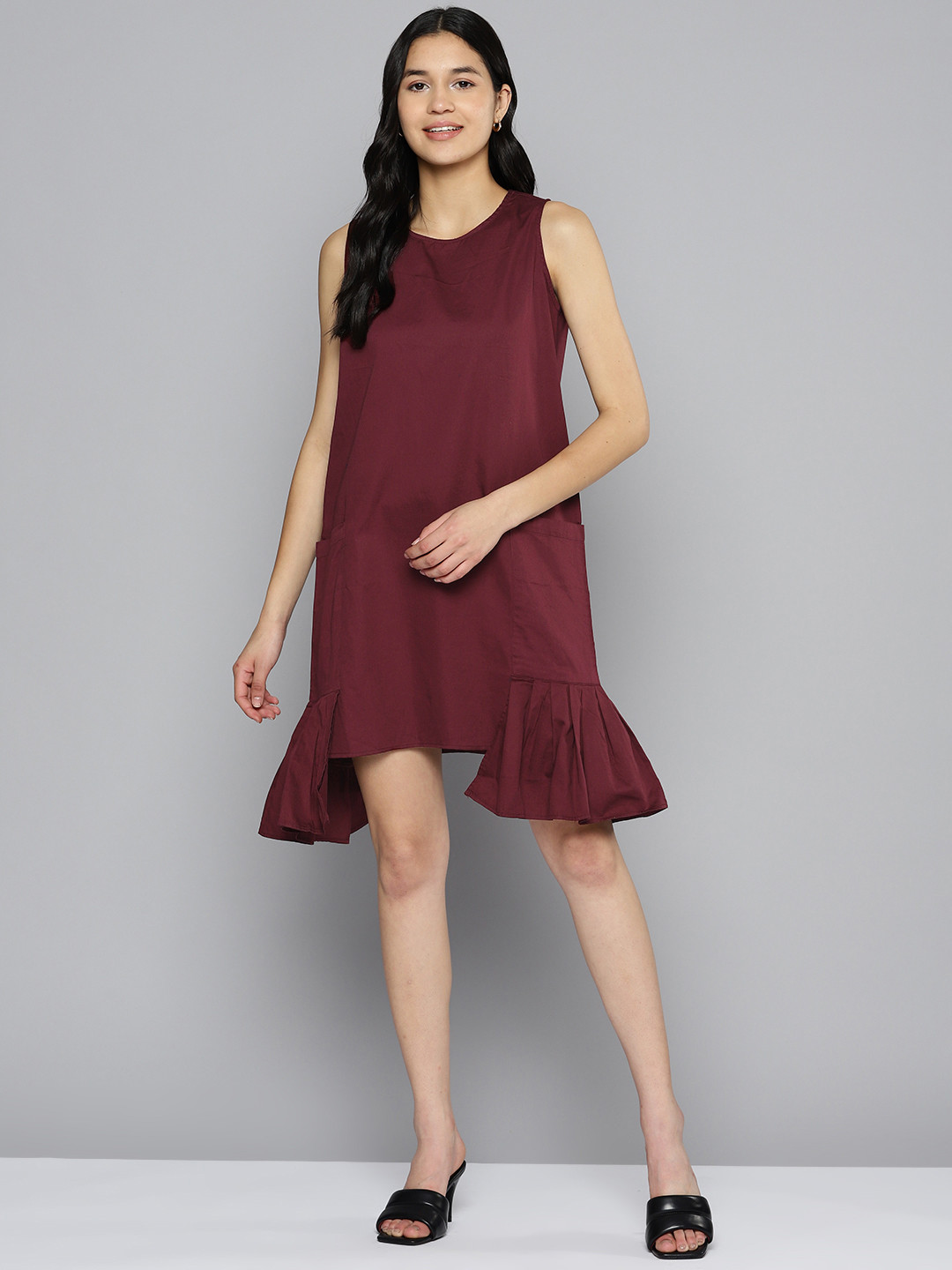 EVAH LONDON Solid Oversized Pockets Flounce Hem Pure Cotton A-Line Dress