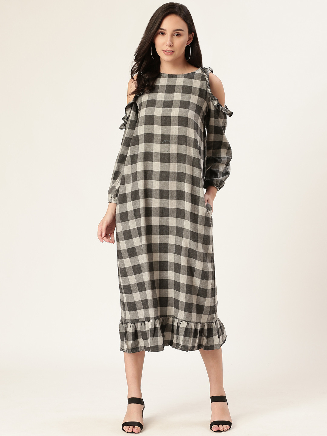 EVAH LONDON Women Grey Checked Shift Dress