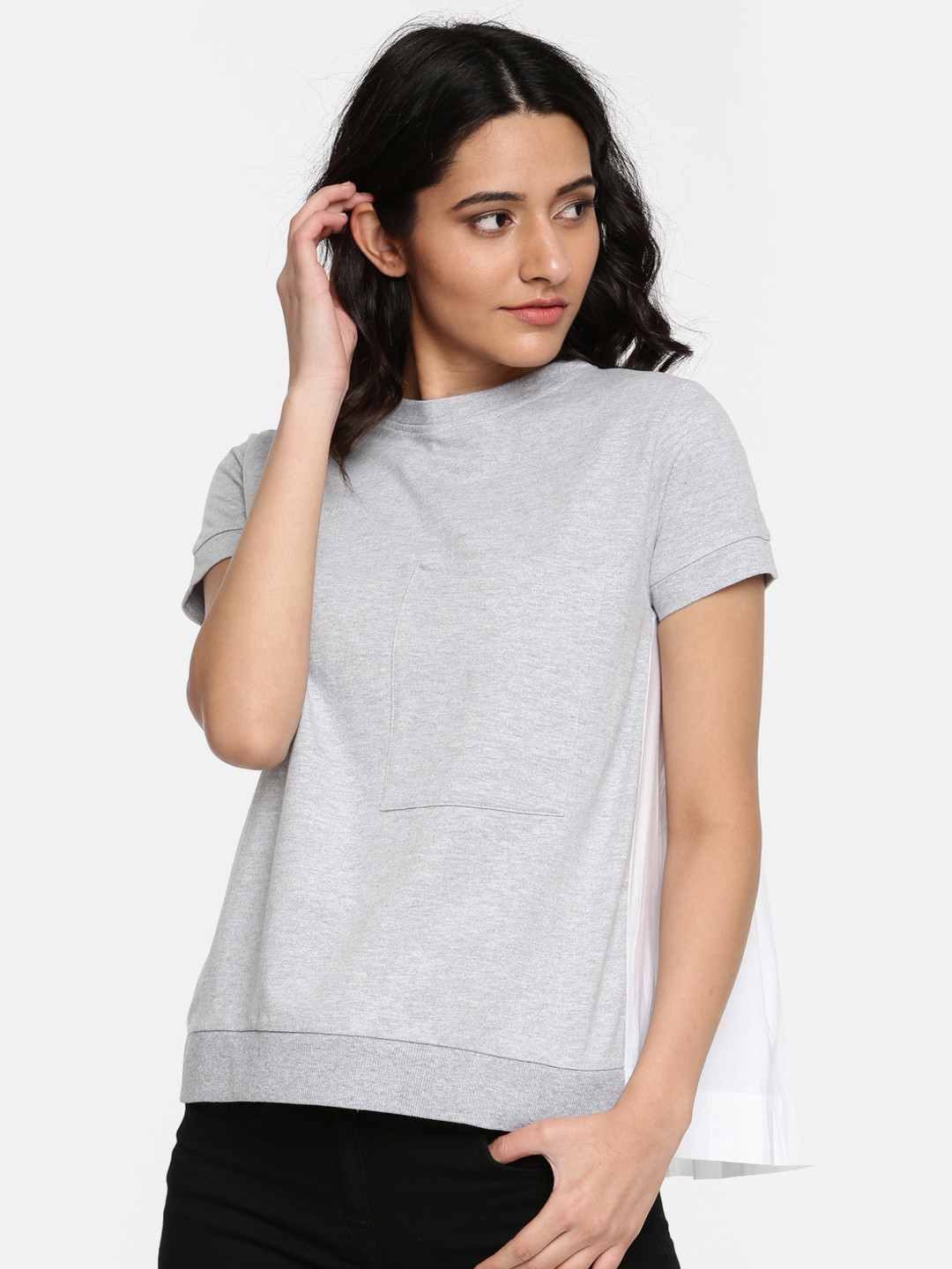 EVAH LONDON Women Grey Melange & White Colourblocked Styled Back Top