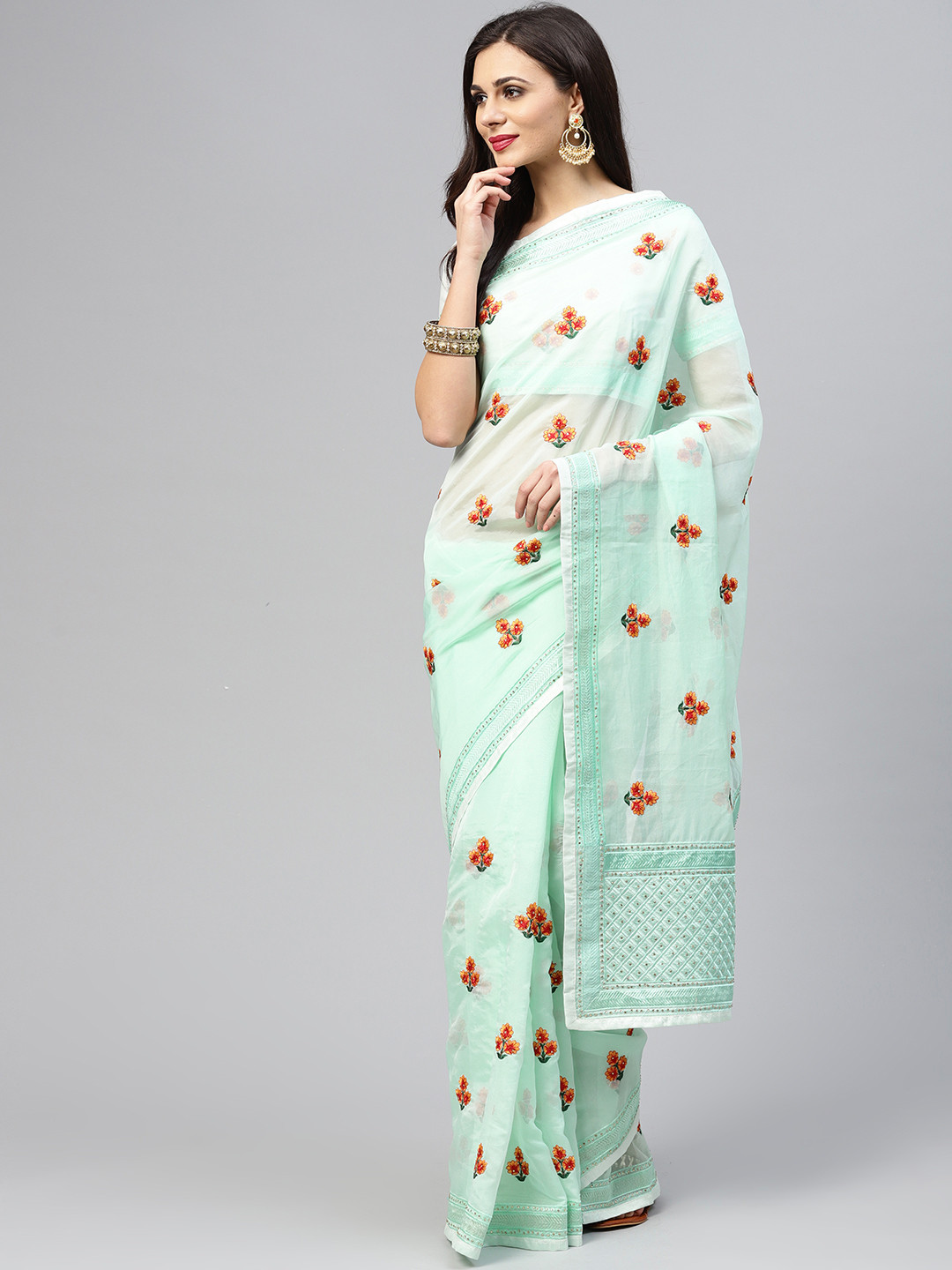 Saree mall Light Green Embroidered Saree