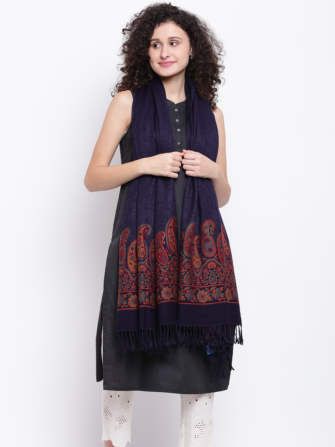 HK colours of fashion Navy Blue & Red Woven Design Shawl