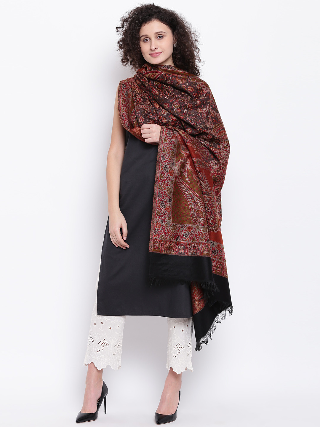 HK colours of fashion Women Black & Rust Red Woven Design Shawl