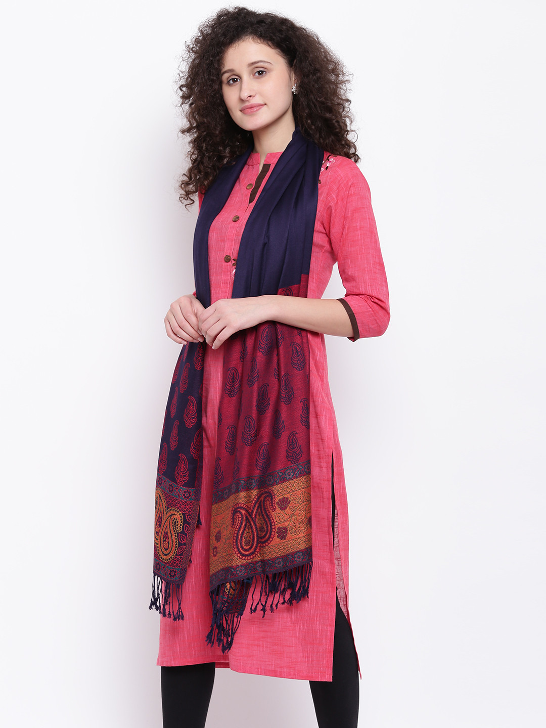 HK colours of fashion Women Navy & Maroon Woven Design Stole