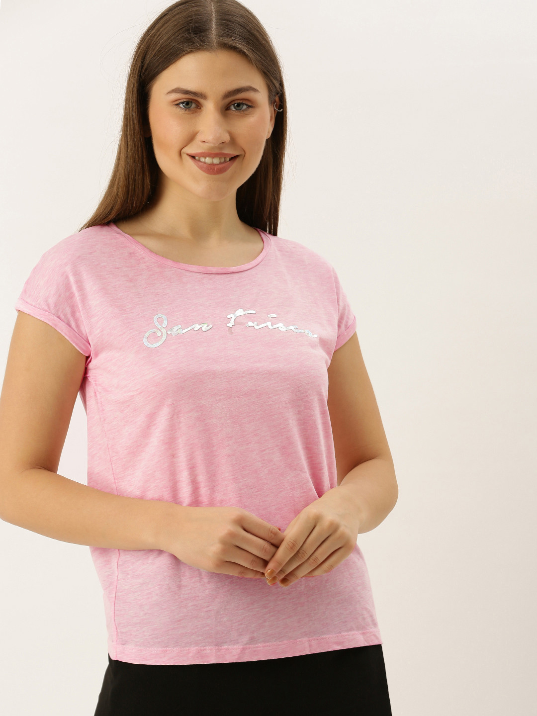 SF JEANS by Pantaloons Women Pink Solid Round Neck T-shirt With Printed Detailing