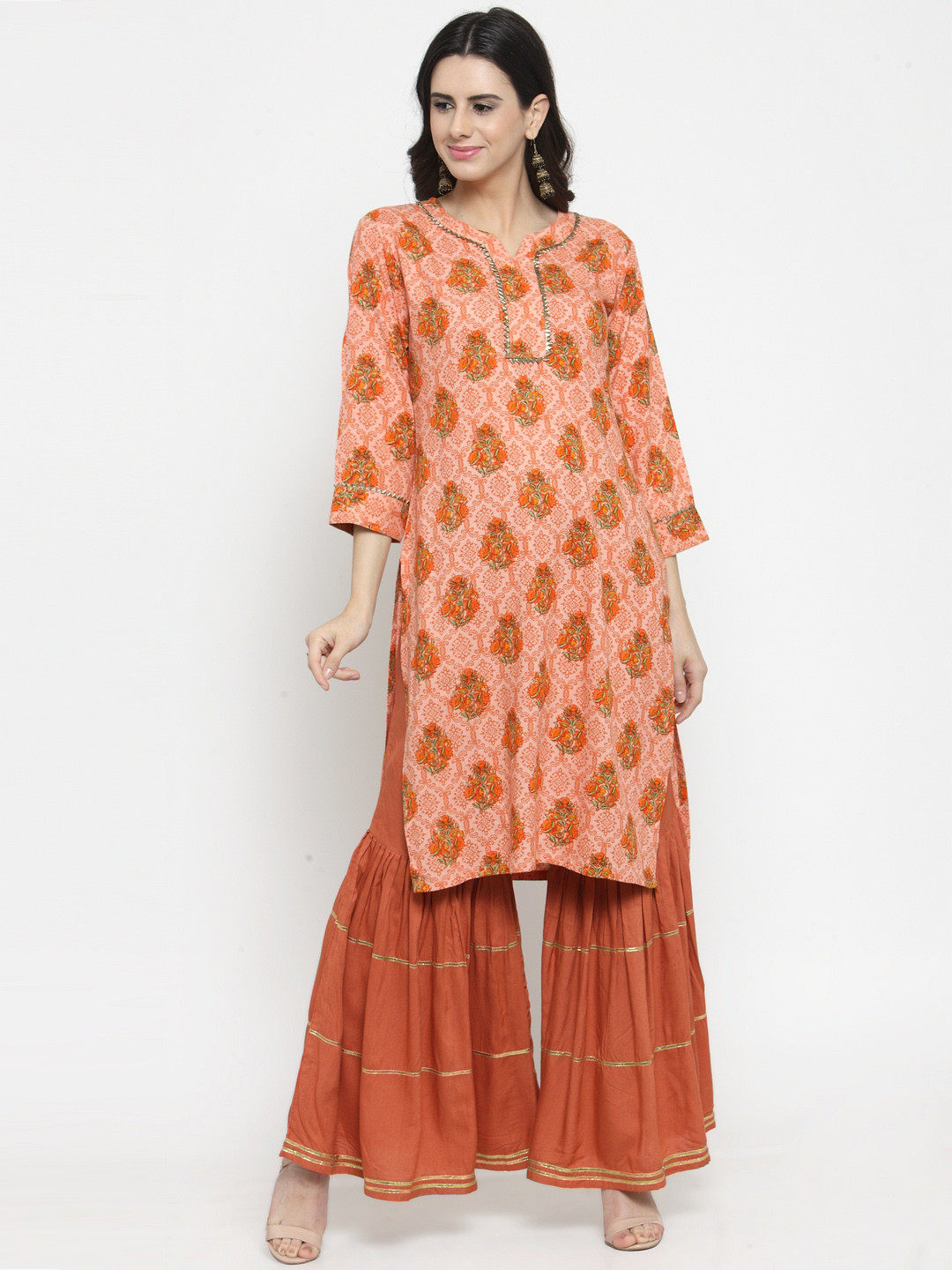 Indibelle Women Peach-Coloured & Rust Orange Booti Print Straight Kurta