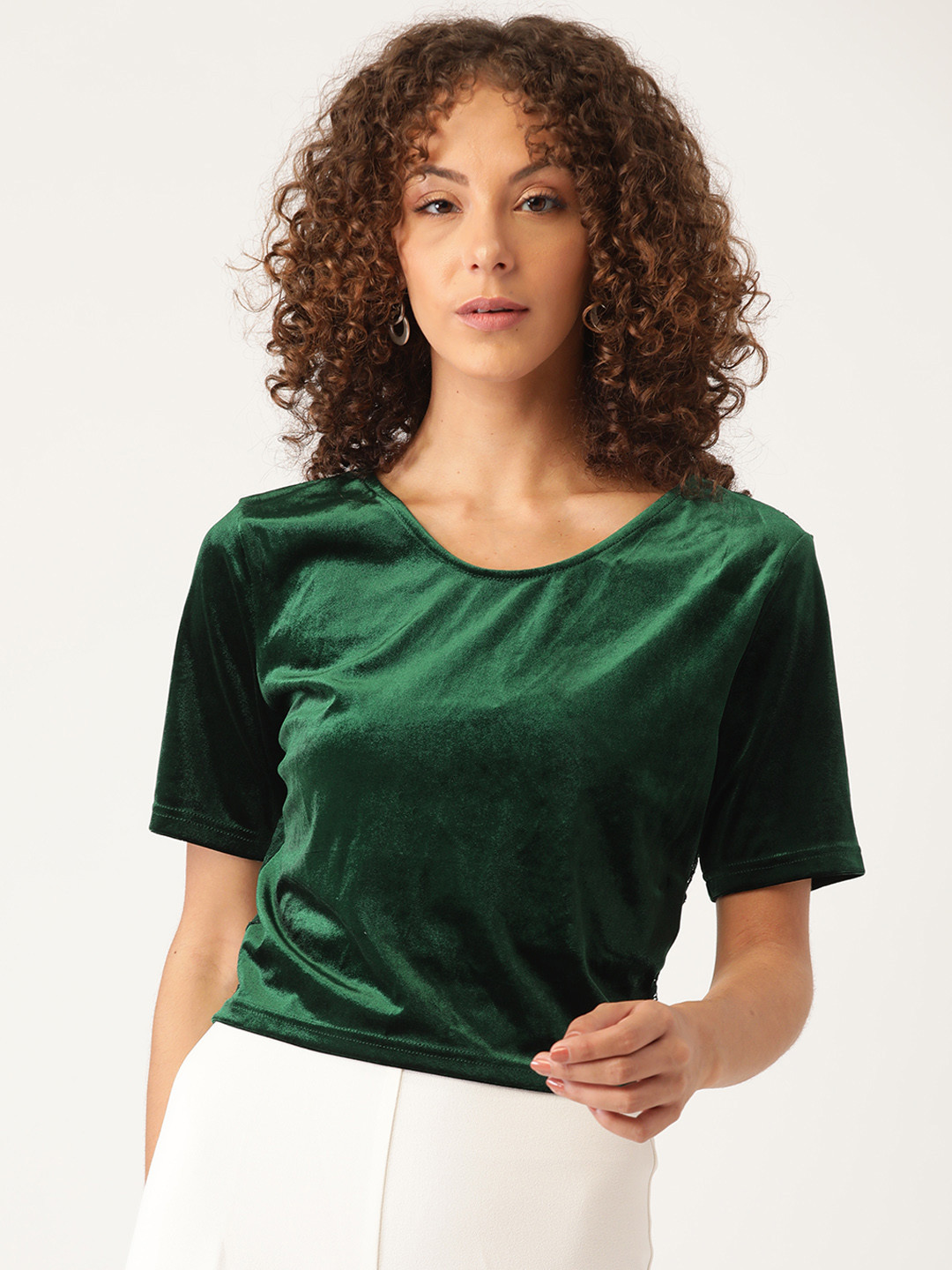Splash Green Solid Velvet Finish Lace Crop Top