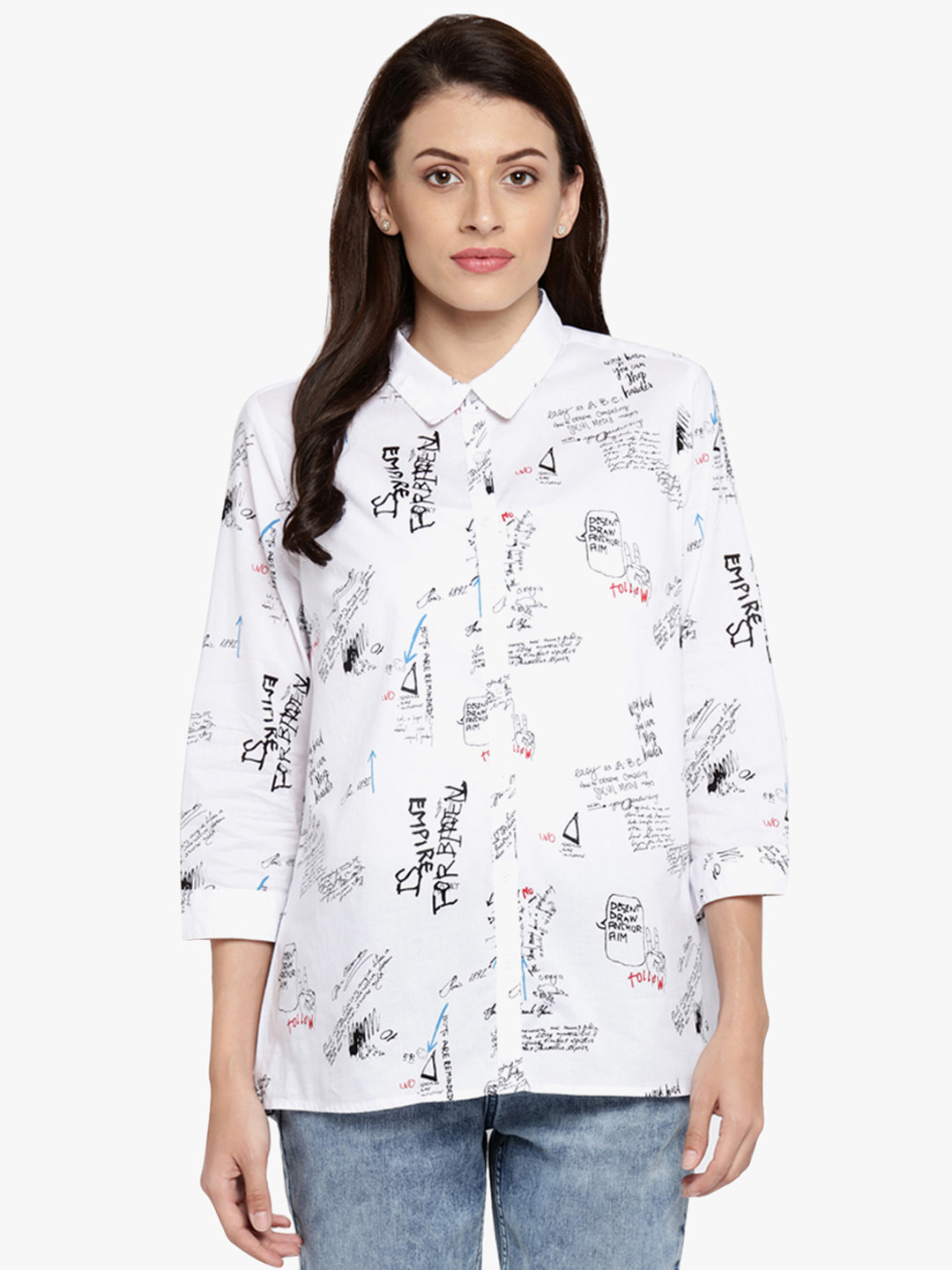 SF JEANS by Pantaloons Women White & Black Regular Fit Printed Casual Shirt