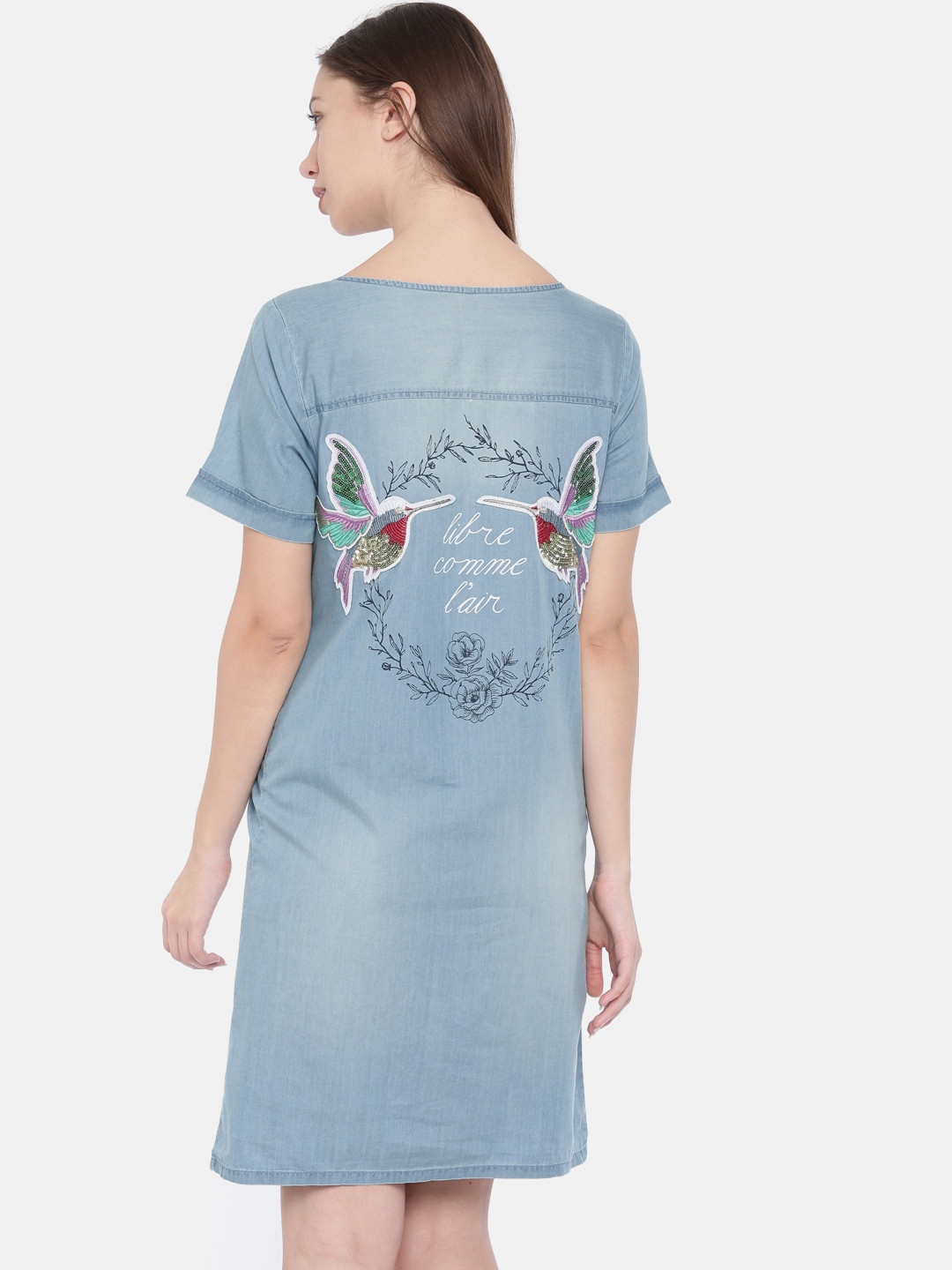 EVAH LONDON Women Blue Washed Solid A-Line Dress