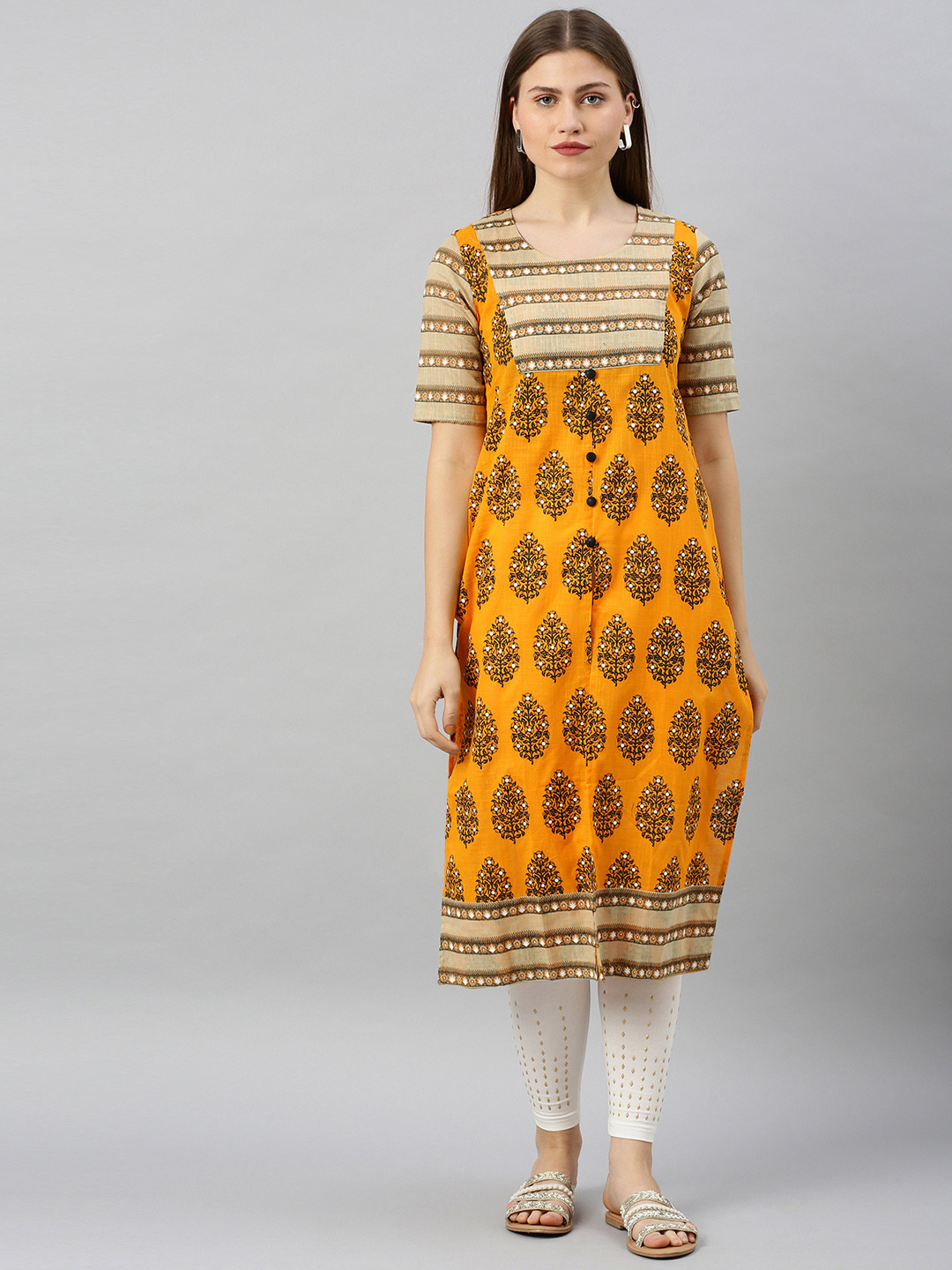 Divina Women Yellow & Brown Woven Design Straight Kurta