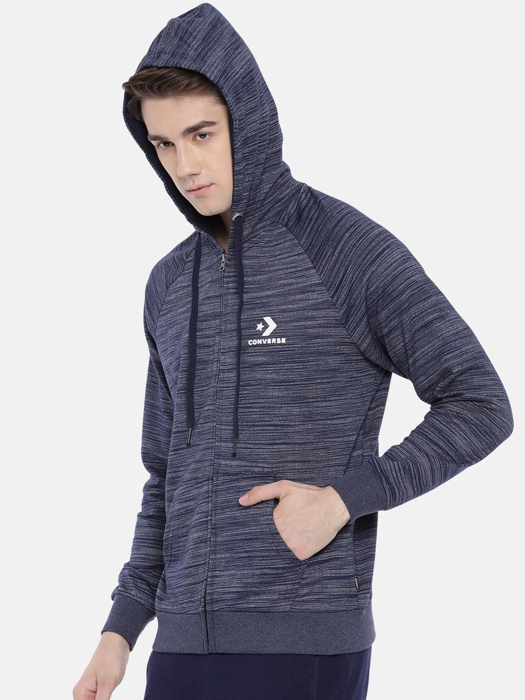 Converse Men Navy Blue Striped Hooded Sweatshirt