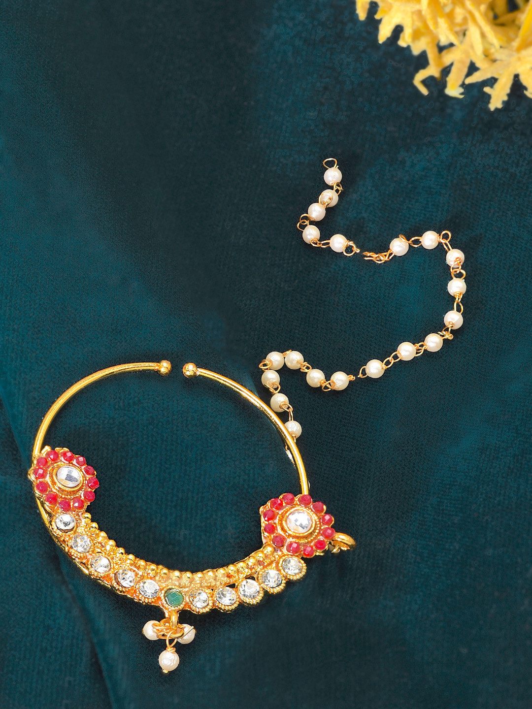 Zaveri Pearls Off-White Gold-Plated Stone-Studded & Beaded Clip-On Nose Ring with Chain