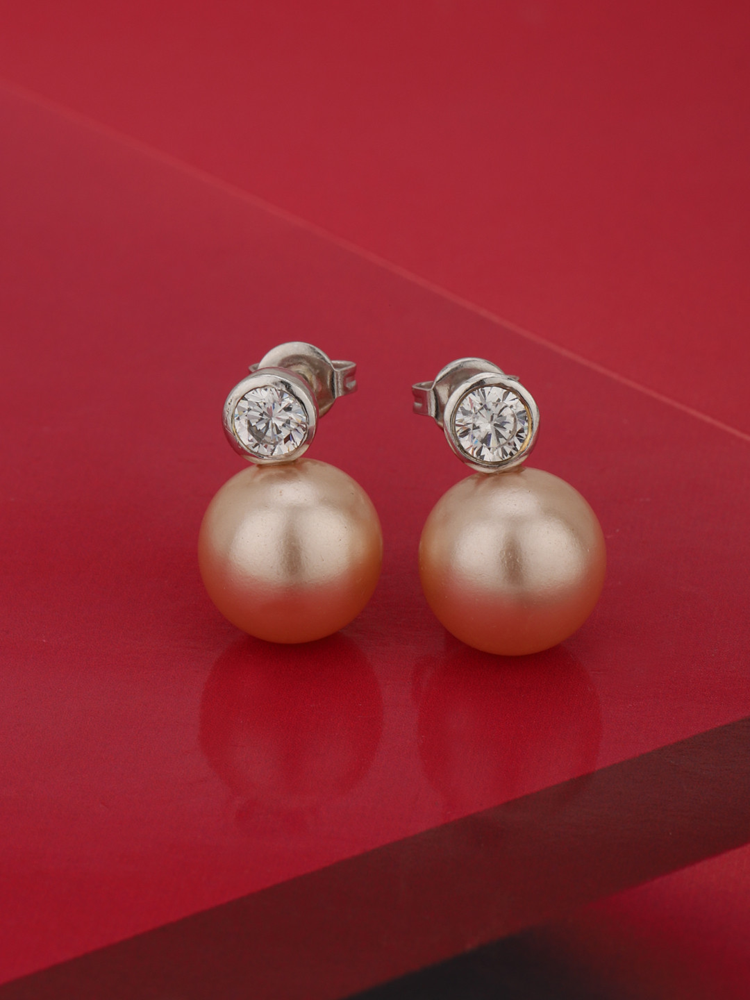 Carlton London Silver-Toned & Off-White Rhodium-Plated Spherical Studs