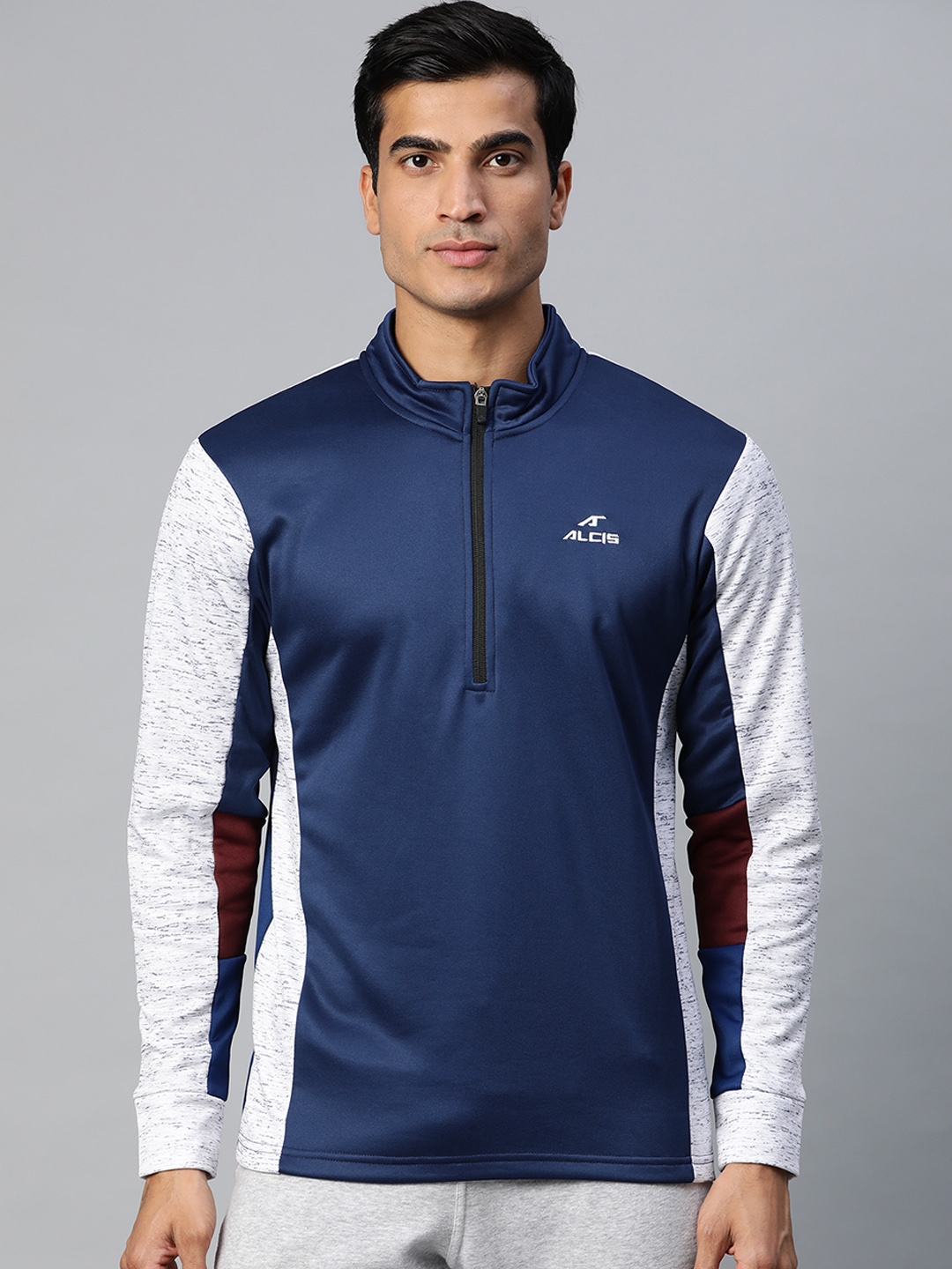 Alcis Men Navy Blue Solid Pullover Sweatshirt With Contrast Sleeves