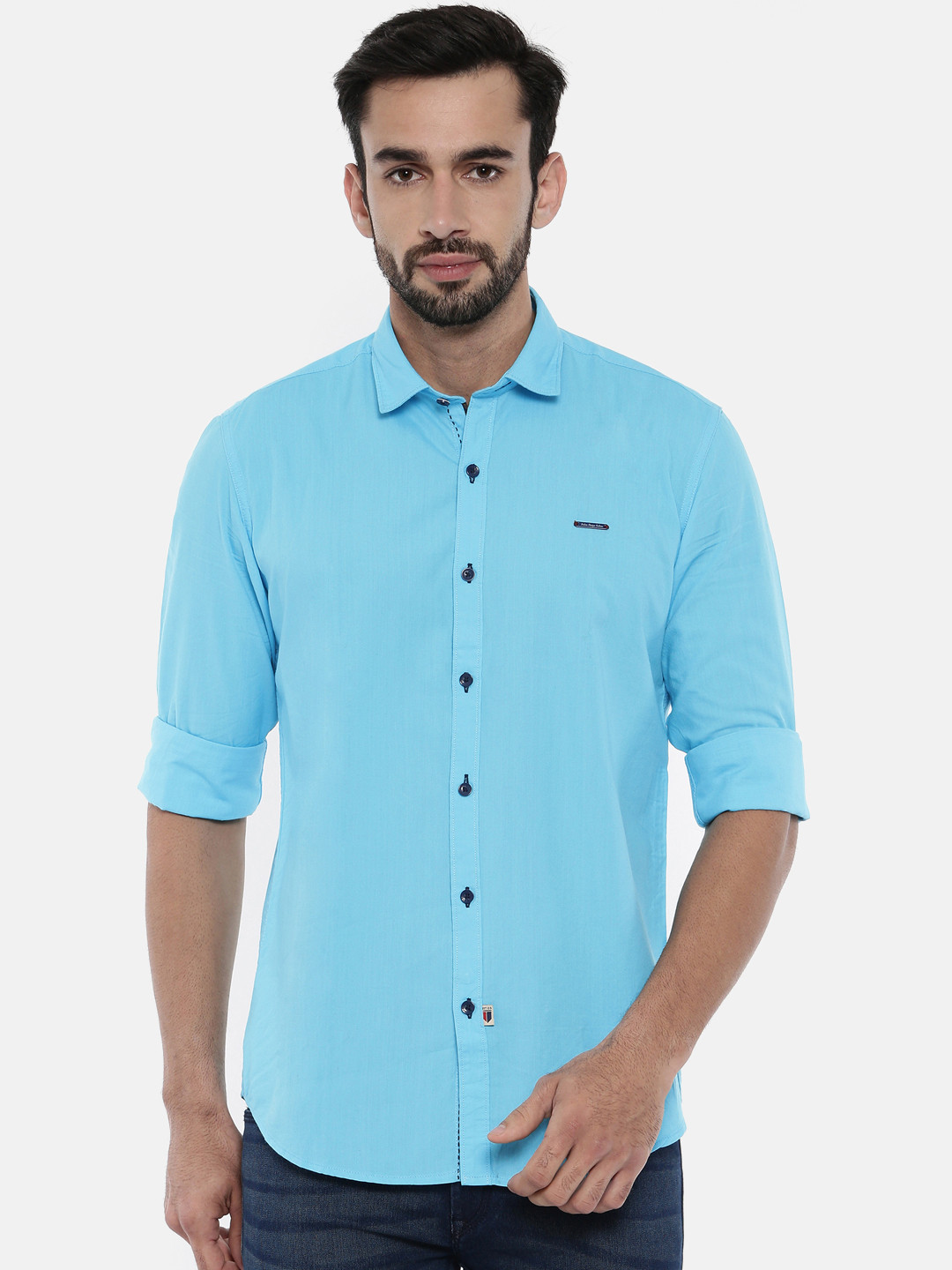 IDC Men Turquoise Blue Slim Fit Solid Casual Shirt