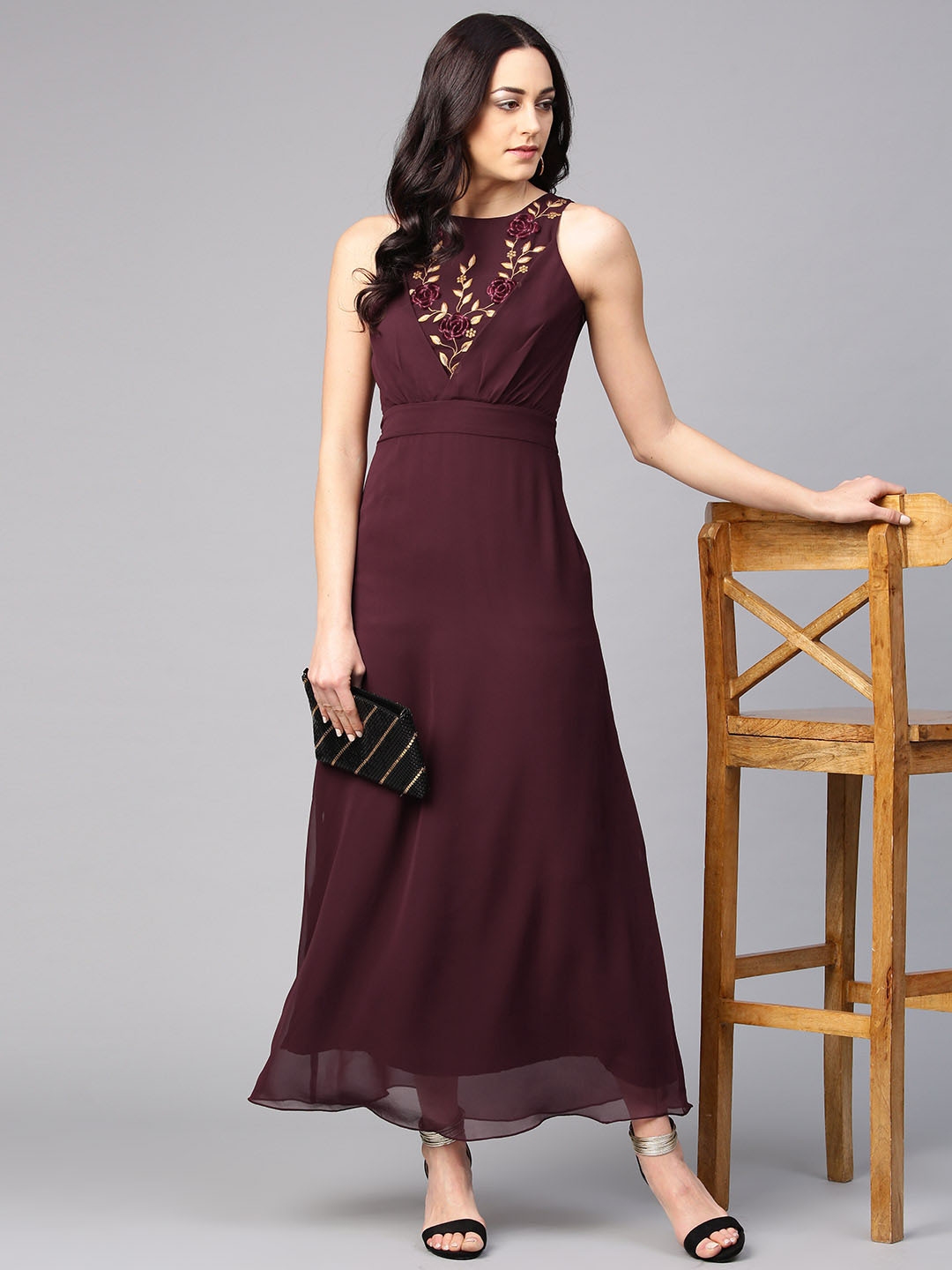 Athena Women Burgundy Solid Maxi Dress