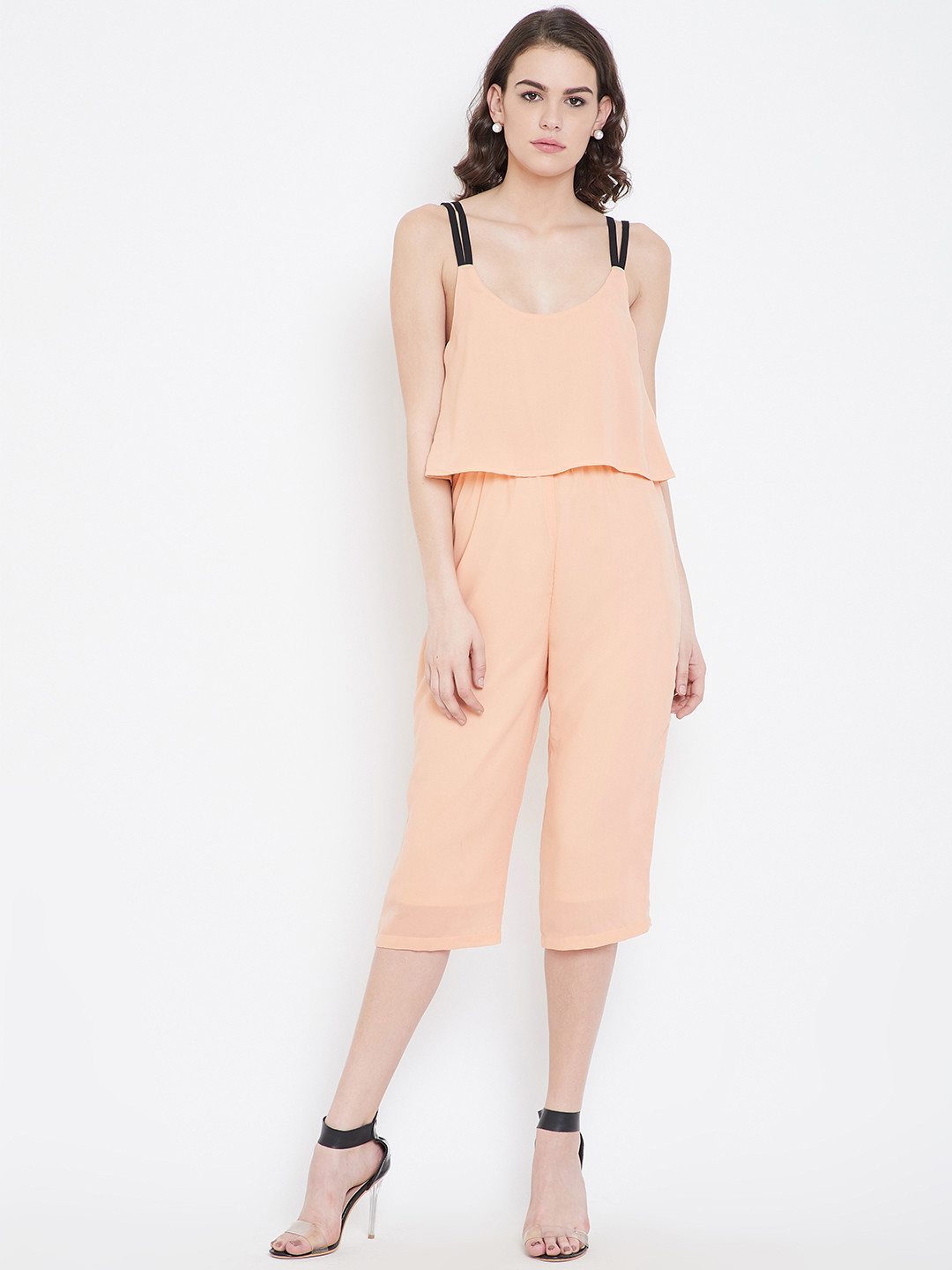 DODO & MOA Peach-Coloured Solid Capri Jumpsuit