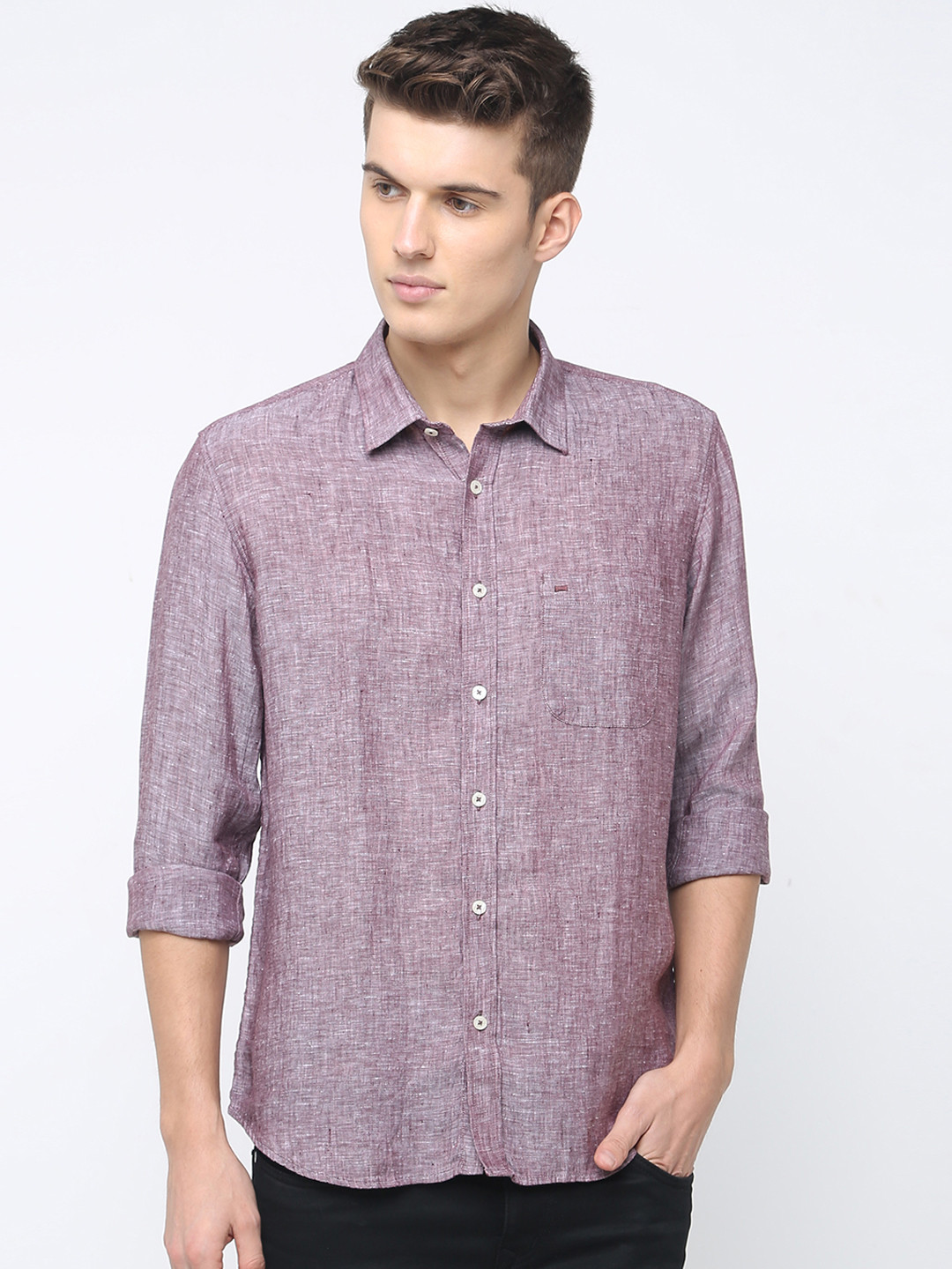 Basics Men Brown Slim Fit Self Design Linen Casual Shirt