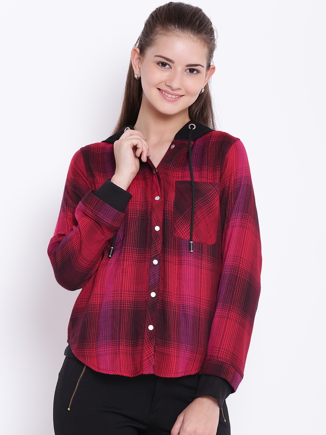 red and black check shirt with hood