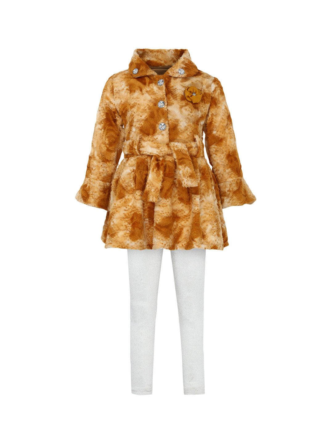 Aarika Girls Brown & Off-White Printed Coat with Leggings