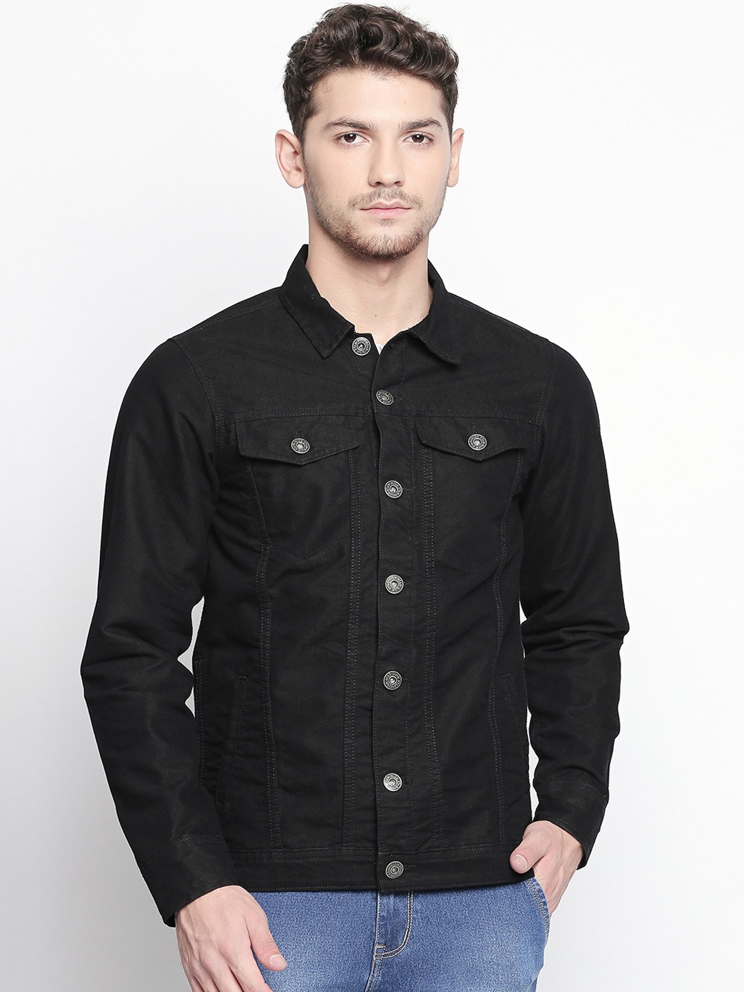 High Star Men Black Solid Denim Jacket 