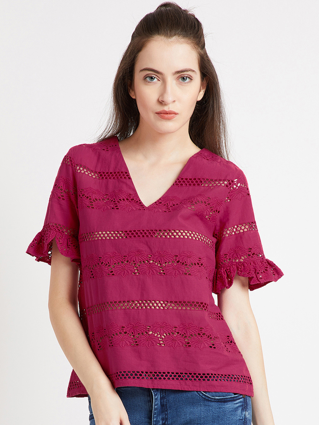 COVER STORY Women Maroon Self Design A-Line Top