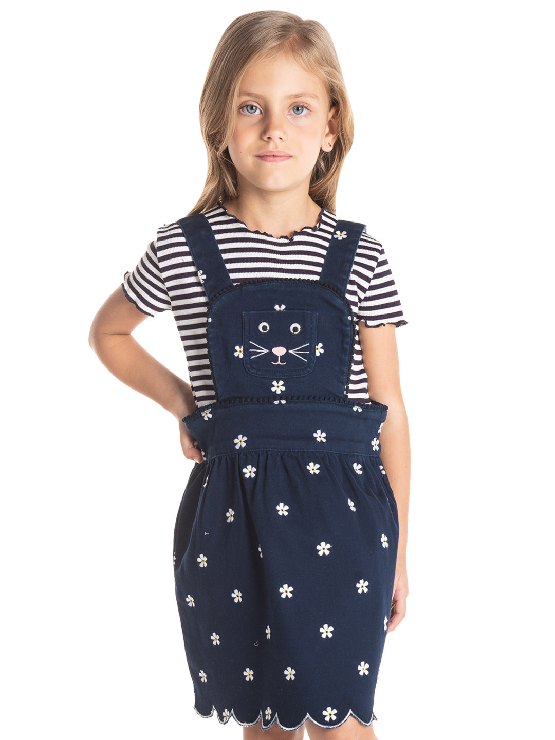 Cherry Crumble Girls Navy Blue Embellished Pinafore Dress