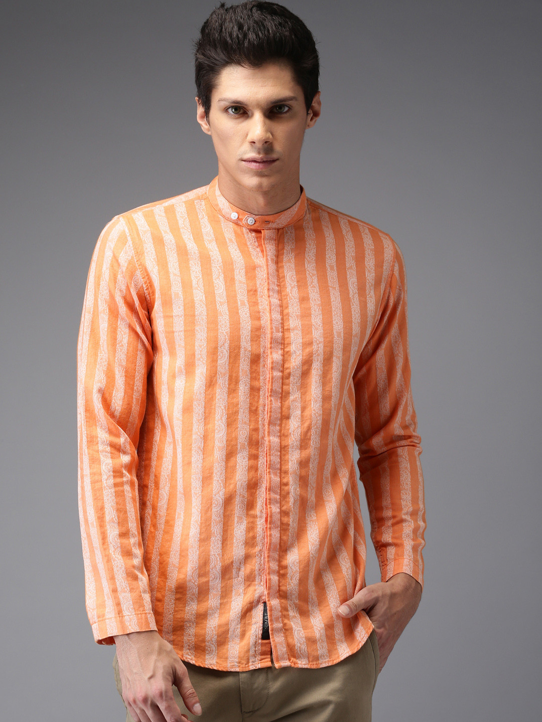 Bene Kleed Men Orange Smart Slim Fit Self Design Casual Shirt