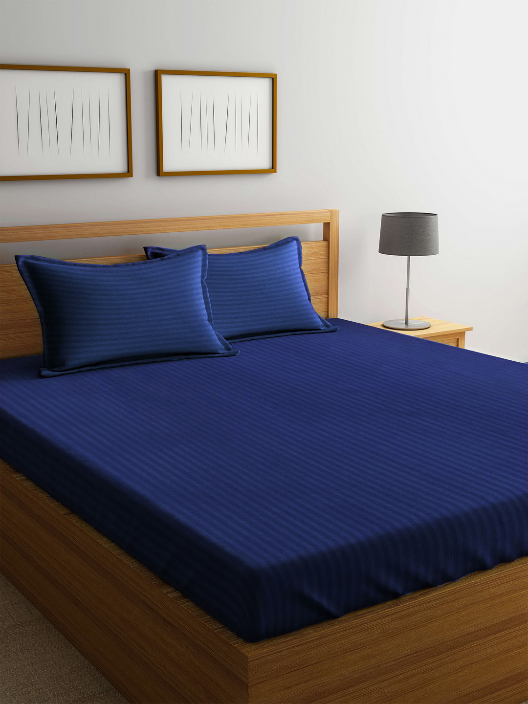 MARK HOME Navy Blue Striped Flat 210 TC Cotton 1 King Bedsheet with 2 Pillow Covers