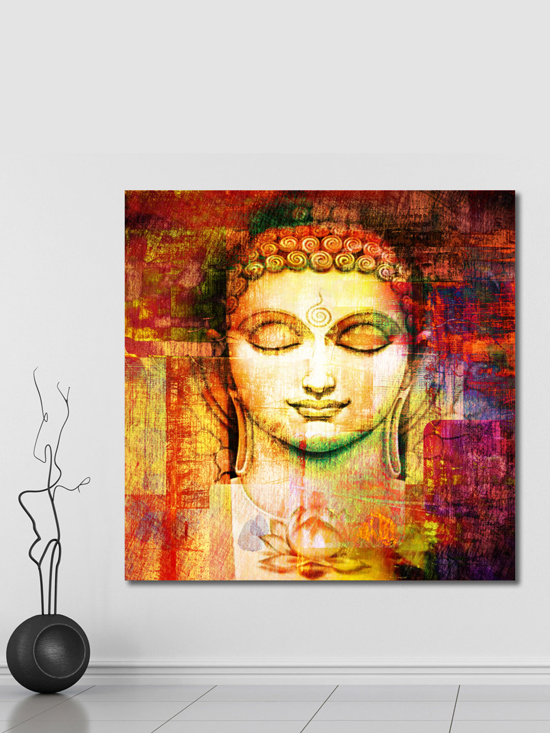 999Store Red & Multicoloured Hand-Painted Buddha Face Wall Painting