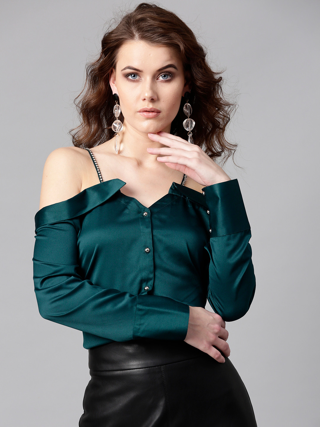STREET 9 Women Green Solid Satin Finish Bardot Top