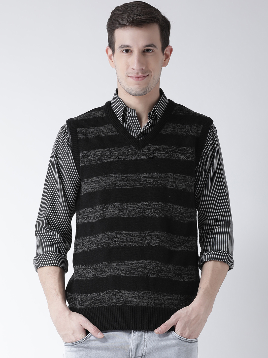 Grey Striped Sweater Vest - Sweaters 