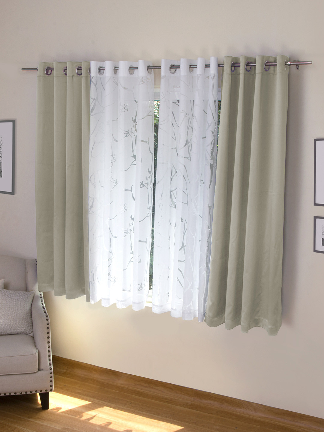 ROSARA HOME Taupe & White Set of 4 Window Curtains