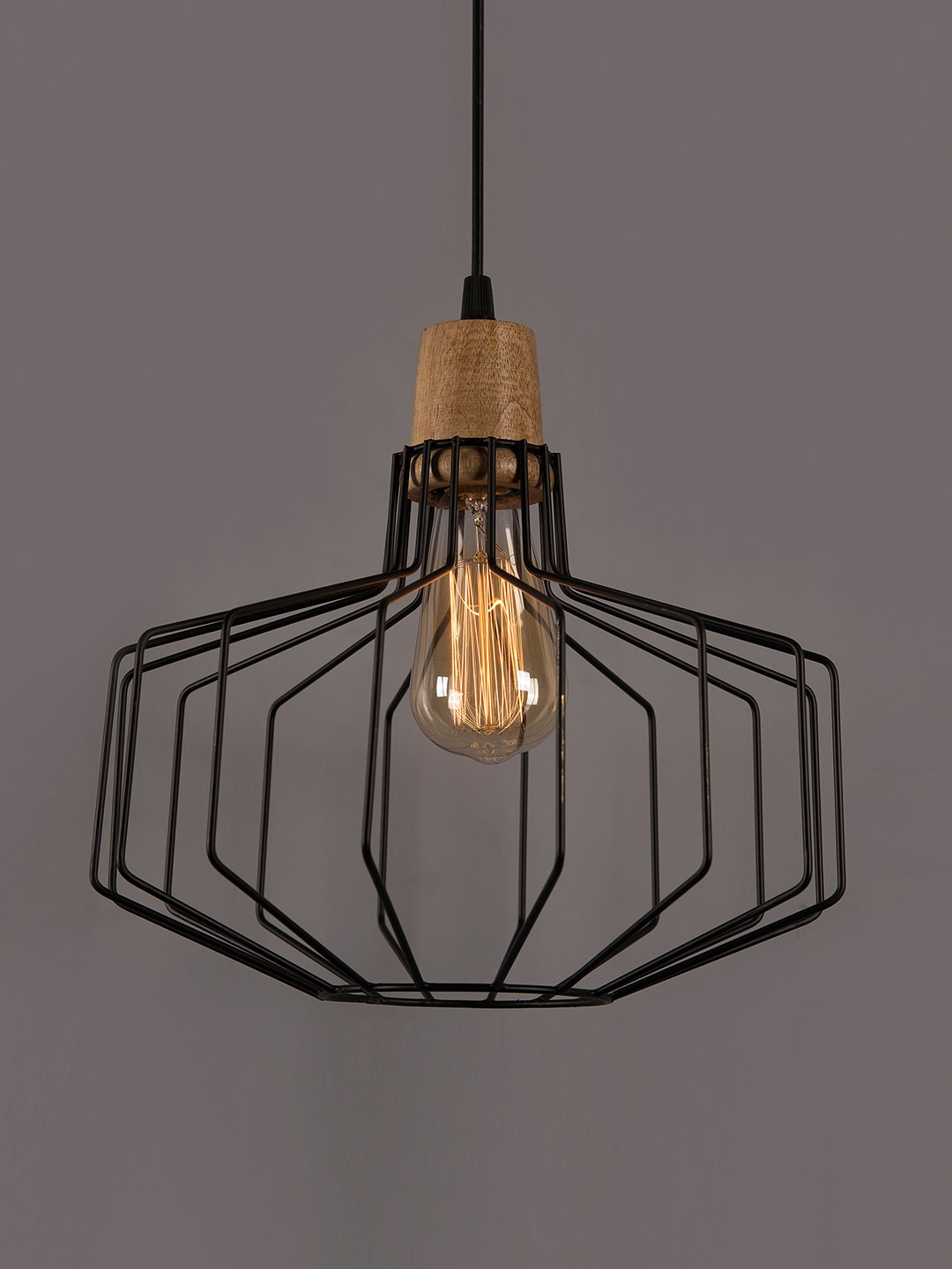 Homesake Black Metal Pitcher Cage Wood Hanging Light