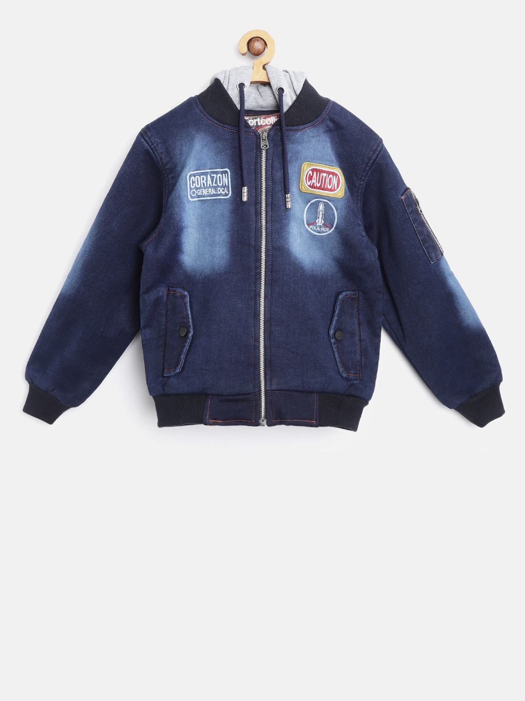Fort Collins Boys Navy Blue Washed Hooded Denim Bomber Jacket