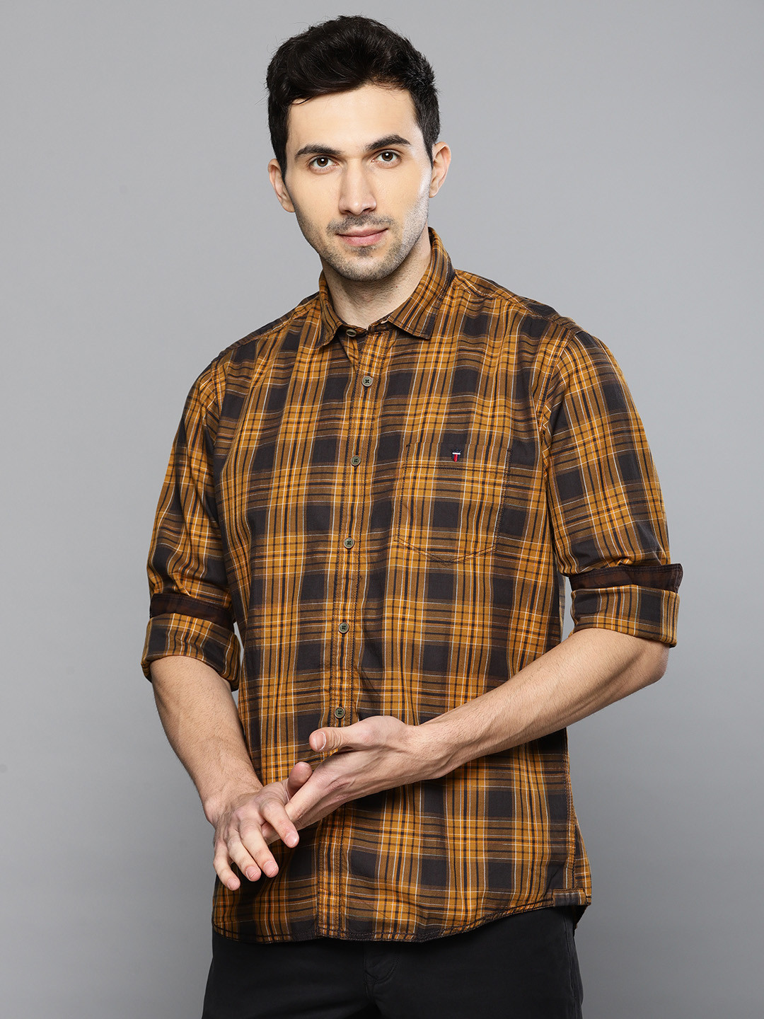 Louis Philippe Jeans Men Mustard Yellow & Brown Slim Fit Checked Casual Shirt