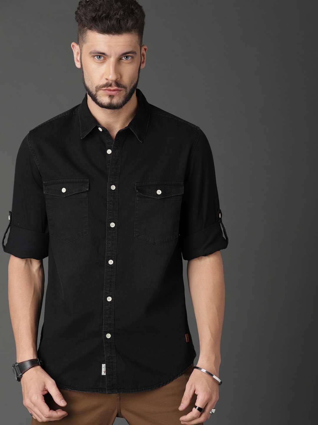 Buy DEZANO Dark Black Denim Cargo Shirt Casual Mandarin Collar Double  Pocket Stylish Comfort Shirt  Dark BlackS at Amazonin