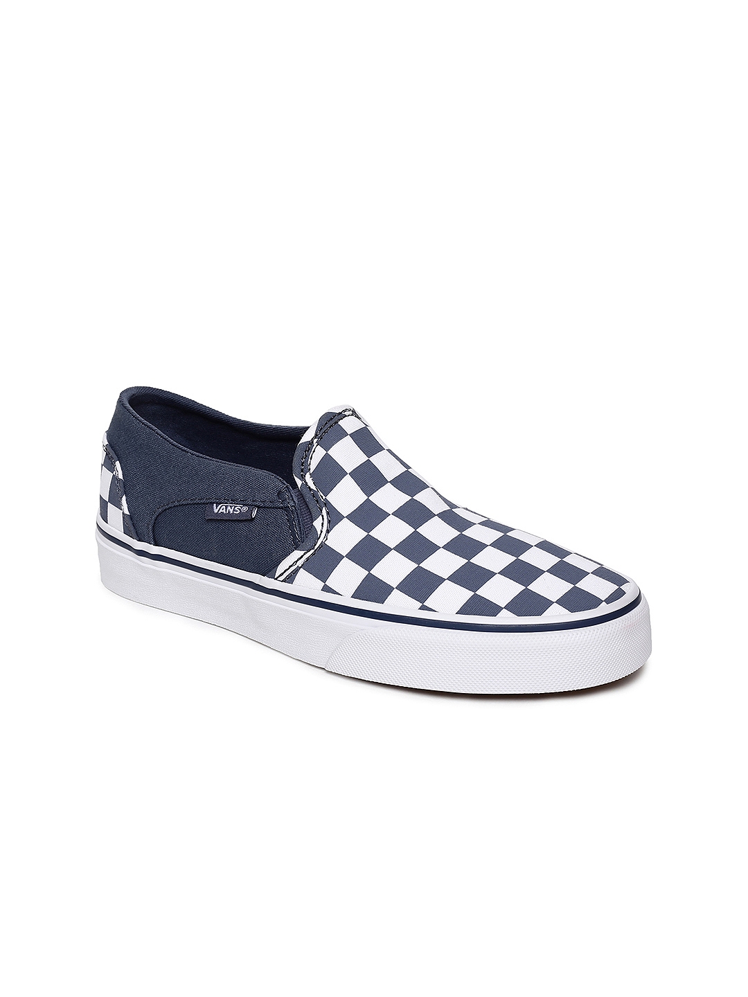 Blue slip on vans shops with checkerboard