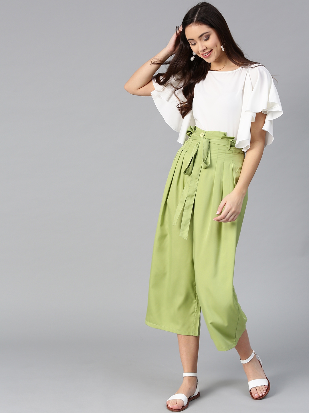 White Floral Puff Sleeve Crop Top  Pant CoOrd Set  Anasua