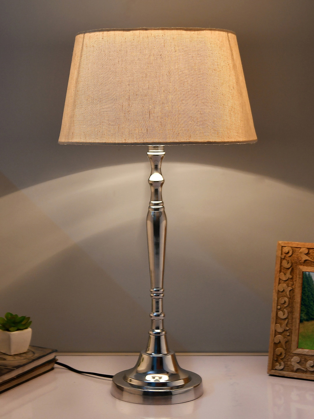 Homesake Silver-Toned & Beige Solid Handcrafted Table Lamp with Shade