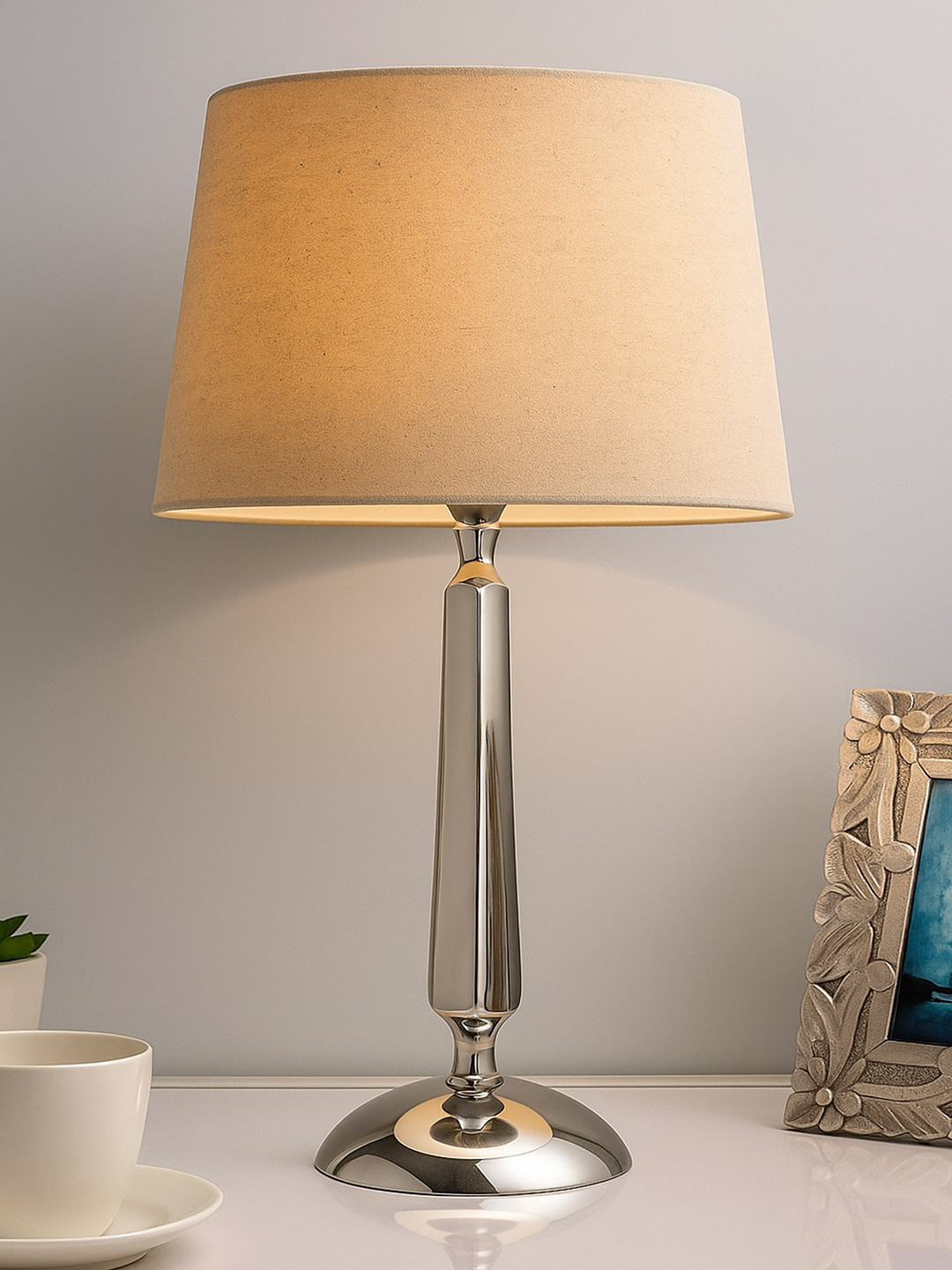 Homesake Silver-Toned & Beige Solid Handcrafted Bedside Standard Lamp Shade
