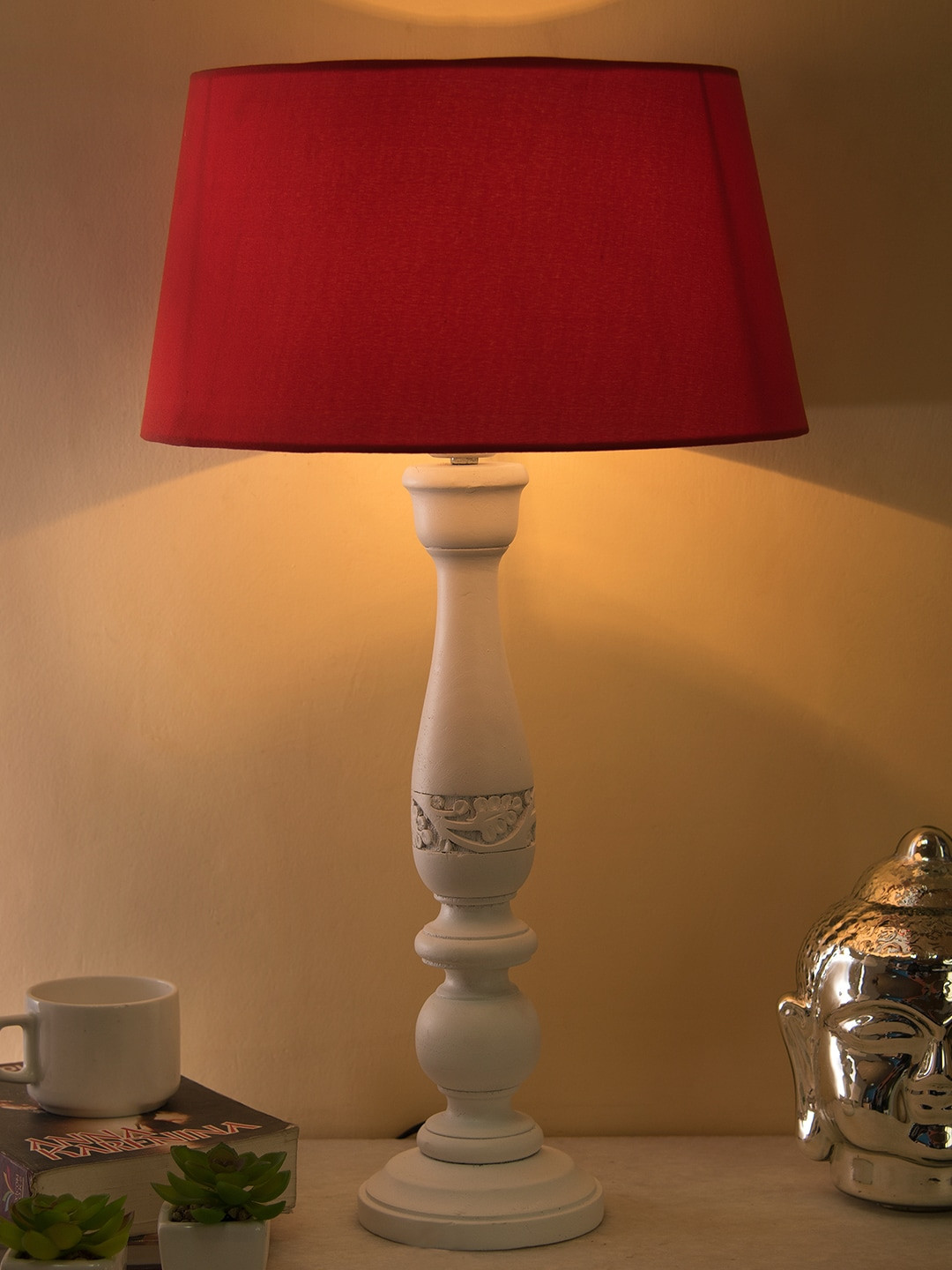 Homesake White & Red Solid Handcrafted Bedside Standard Table Lamp with Shade