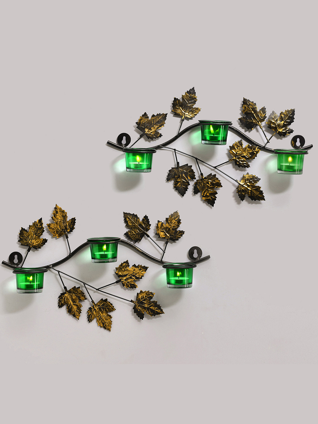 Homesake Green & Gold-Toned Set Of 2 Maple Leaf Shaped Candle Holder