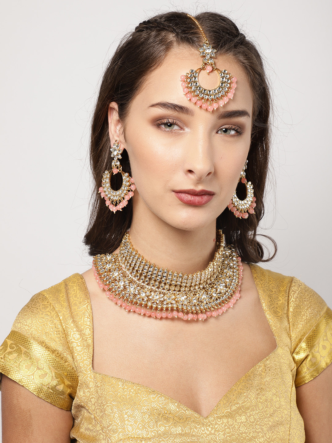 Zaveri Pearls Gold-Toned & Pink Kundan & Dangling Beads Jewellery Set